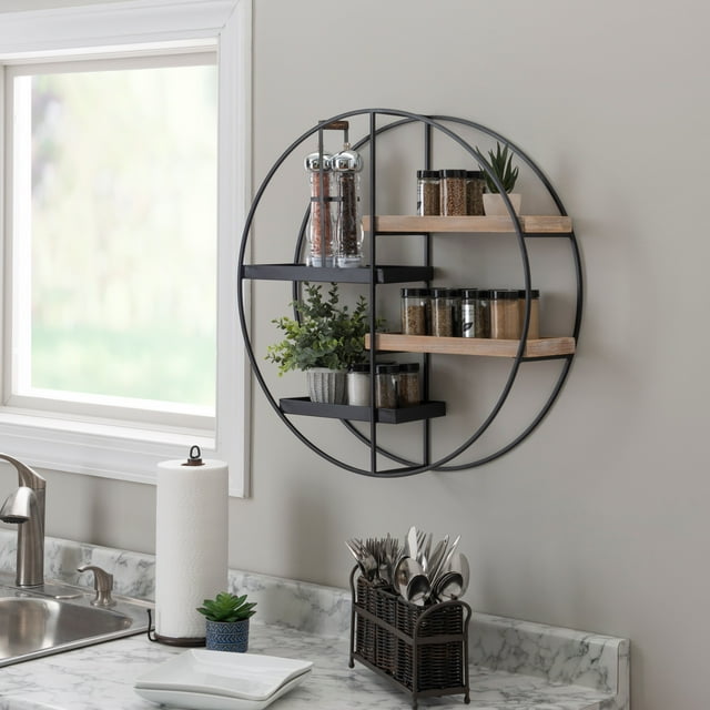 Linon Lester Round 4-Shelf Wall Storage, Black Iron Frame with Gray Wash Finish