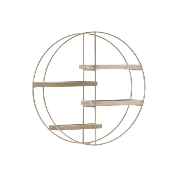 Linon Lester Round 4-Shelf Wall Storage, Gold Iron Frame with Gray Wash Finish