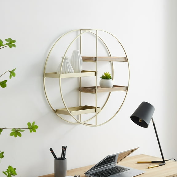 Linon Lester Round 4-Shelf Wall Storage, Gold Iron Frame with Gray Wash Finish