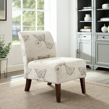 Linon Lily Upholstered Accent Chair Wood Legs in Gray Butterfly Printed Fabric