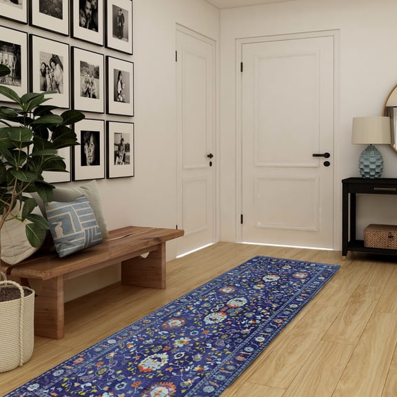 Contemporary Home Living 2' x 10' Floral Medallion Rectangular Area Throw Rug Runner - Navy Blue and