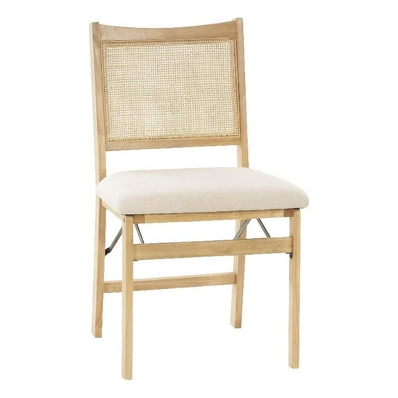Linon Lorna Folding Side Chair Woven Cane Back Beige Padded Seat in Natural Wood