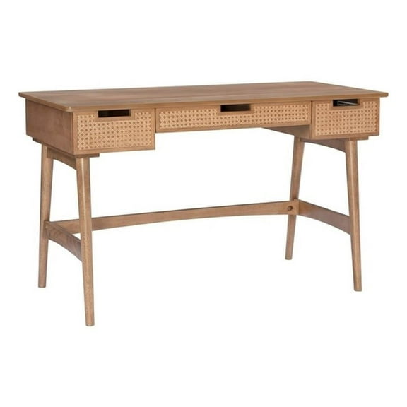 Linon Luca Desk 3 Drawers with Woven Rattan Panels in Natural Wood