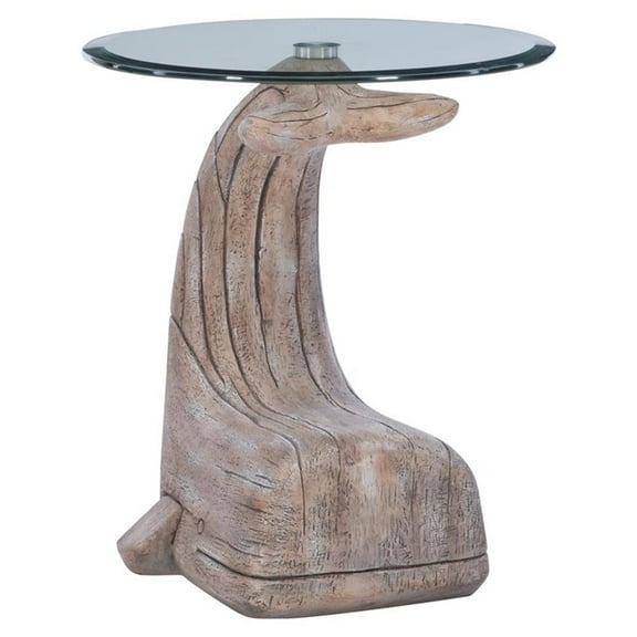Linon Mabry Whale Sculptured Resin & Glass Top Rustic Accent Table in Driftwood