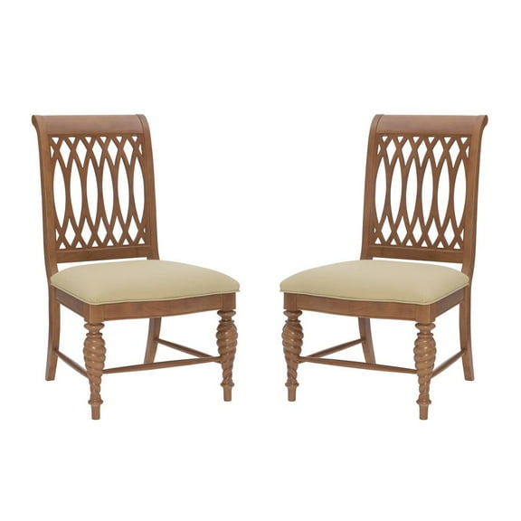 Linon Madson Set of 2 Dining Chairs Tan Faux Leather Seats in Brown Stained Wood
