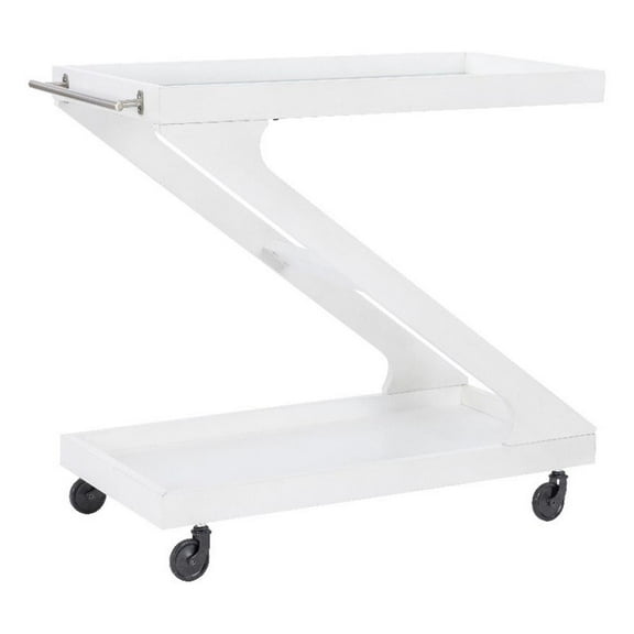 Linon Mare Wood Z Shaped Rolling Bar Cart with Glass Top in White