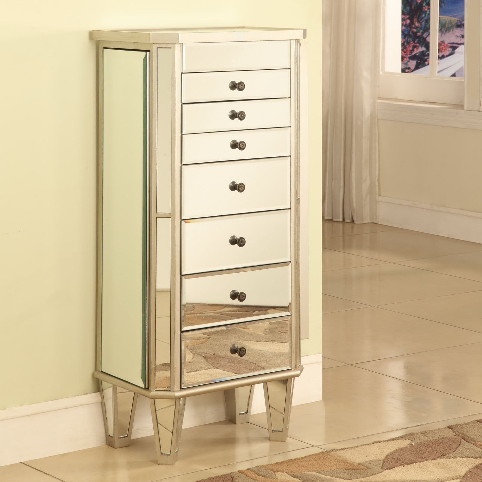 Milan Jewelry Armoire, Mirrored Surfaces and Silver Wood - Walmart.com
