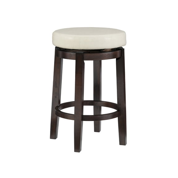 Linon Maya 25" Round Beige Faux Leather Swivel Counter Stool in Brown Wood