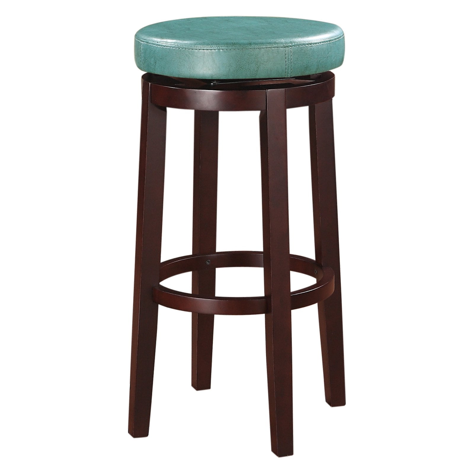 Teal Backless Swivel Wood and Leather Bar Stool