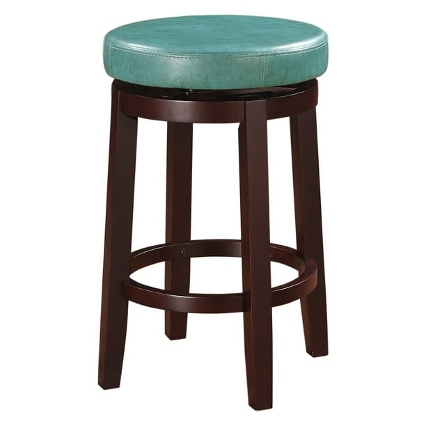 Linon Maya Backless Wood Swivel Counter Stool 24 Seat Height Brown Finish with Teal Fabric
