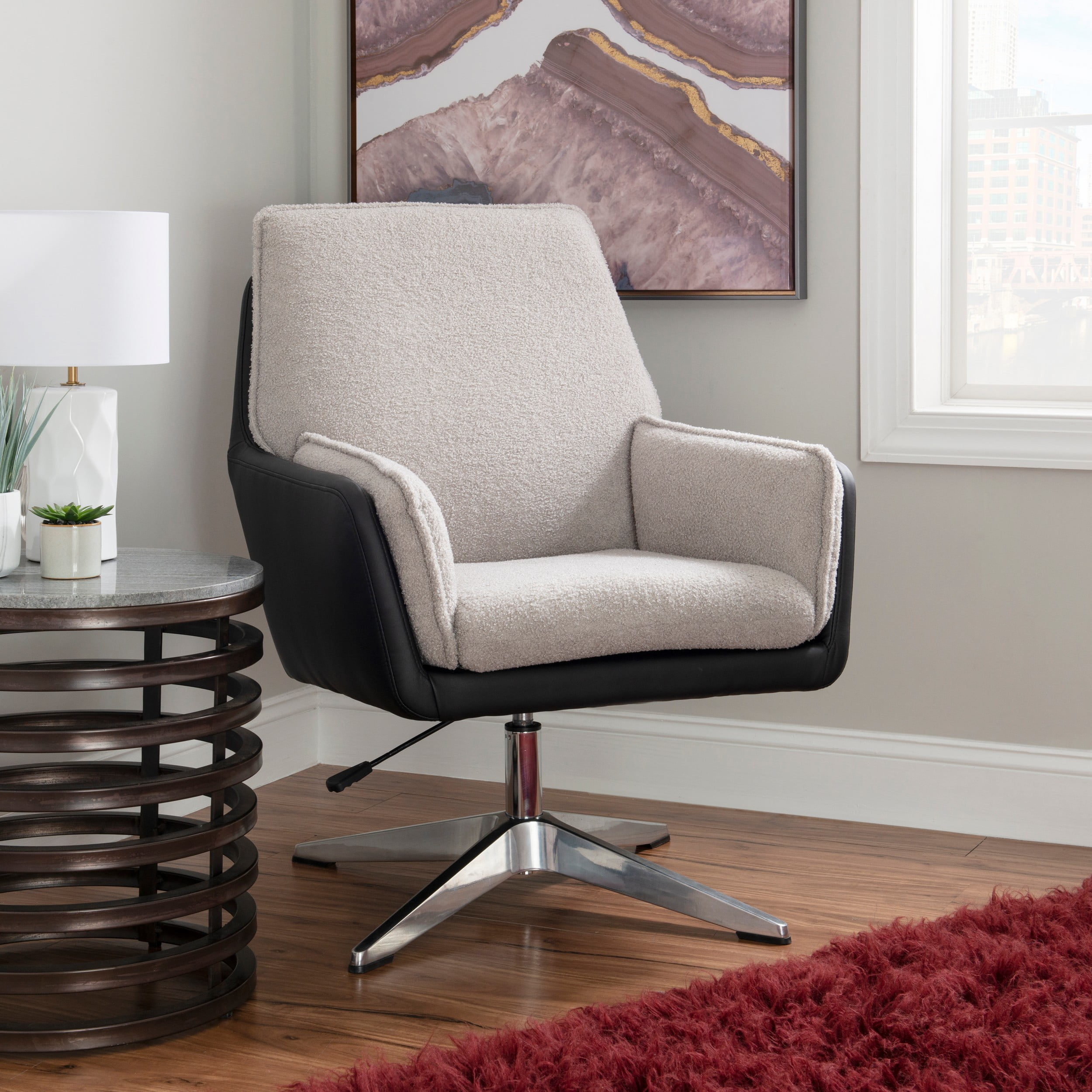 Linon Merle Accent Chair with Swivel, Black Faux Leather and Gray Sherpa