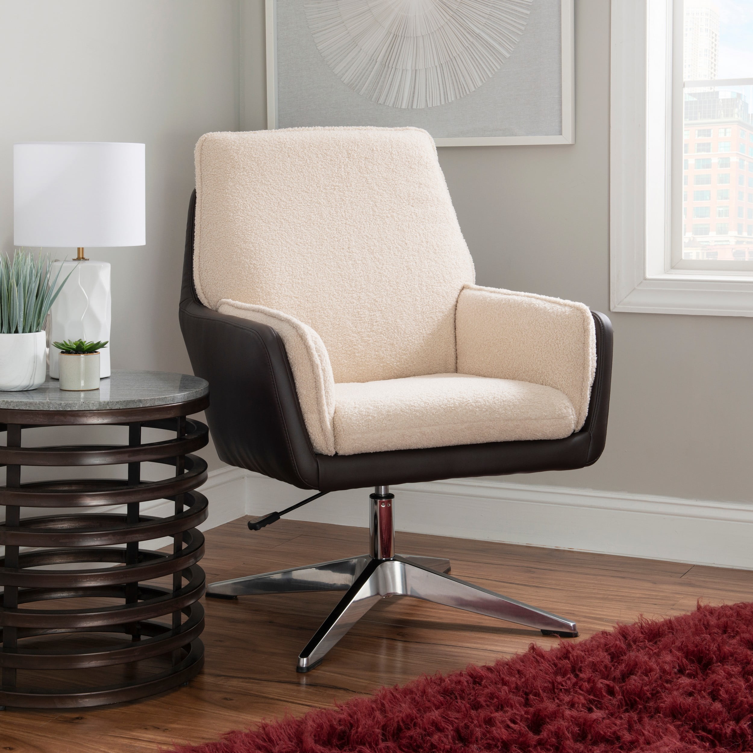 Linon Merle Accent Chair with Swivel Brown Faux Leather and Beige Sherpa Walmart