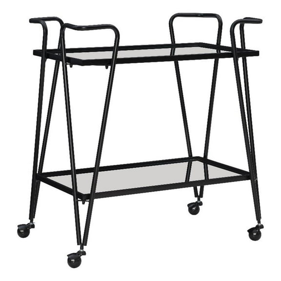 Linon Mia Metal and Mirrored Mid Century 2 Level Rolling Bar Cart in Black