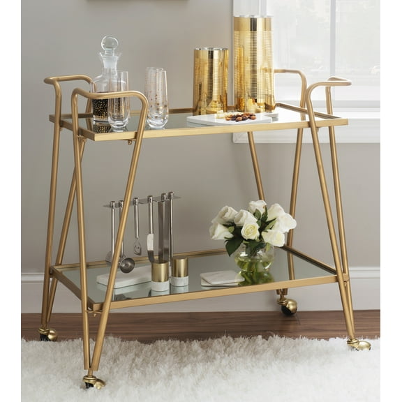 Linon Mia Metal and Mirrored Mid-Century 2 Level Rolling Bar Cart in Gold