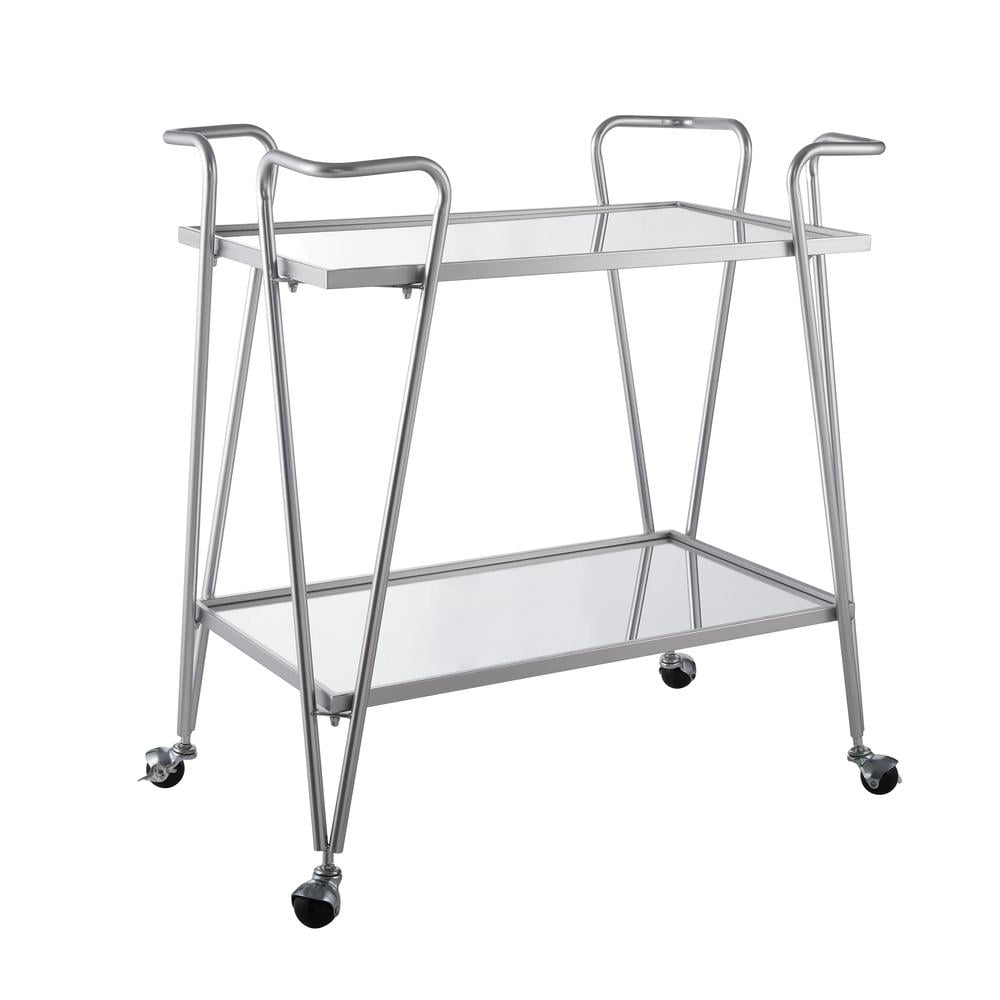 Mid-Century Modern Silver Mirrored Rectangular Bar Cart with Storage