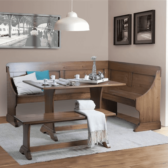 Linon Midwest Wood Corner Dining Breakfast Nook with Table and Storage, Seats 5-6, Pecan