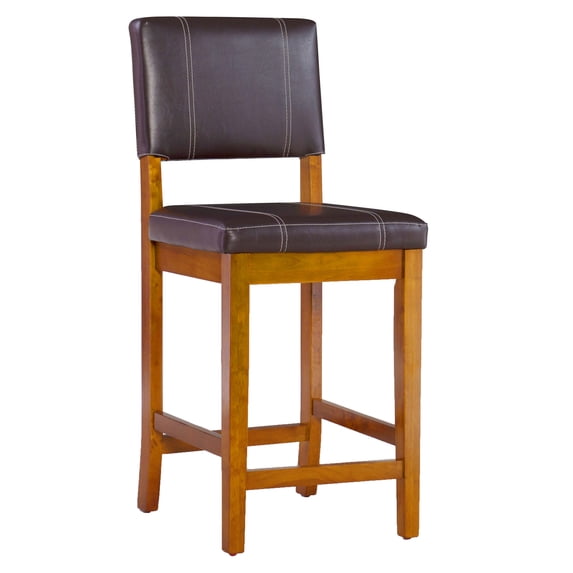 Linon Milano 24" Mid Back Indoor Upholstered Counter Stool, Medium Walnut/Dark Brown Faux Leather