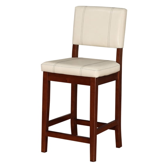 Linon Milano Full Back Wood Counter Stool, 24" Seat Height, Medium-Dark Walnut Finish Finish with Cream Fabric
