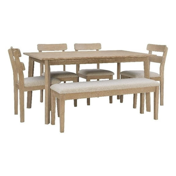 Linon Miles Six Piece Upholstered Dining Set with Bench in Natural Wood Finish