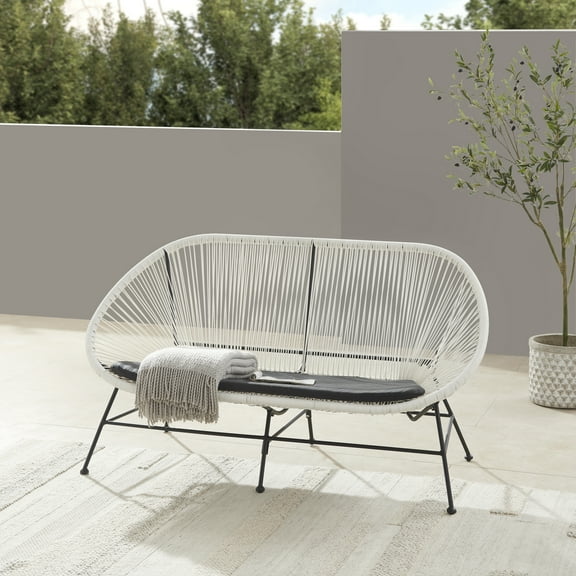 Linon Millie Metal Outdoor Loveseat with Wicker Roping, Black/White