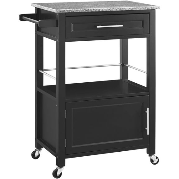 Linon Mitchell Wood Granite Top Rolling Kitchen Cart Ample Storage in Black