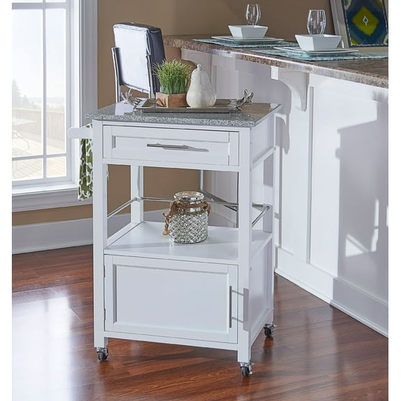 Linon Mitchell Wood Granite Top Rolling Kitchen Cart Ample Storage in White