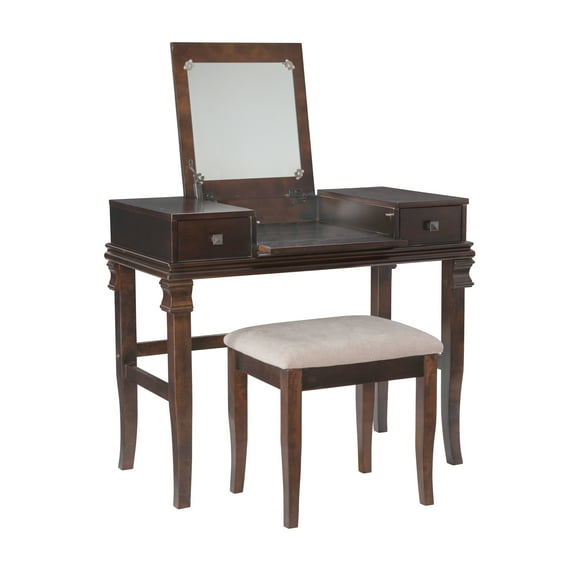 Linon Morton 2-Piece Vanity Set with Flip-Top Mirror and Upholstered Stool, Walnut/Beige