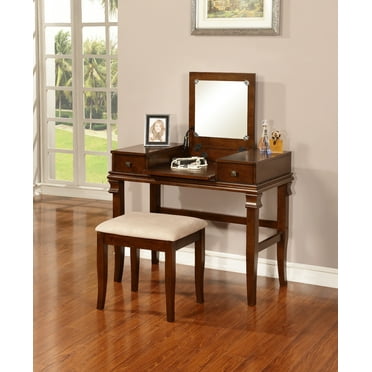 Linon Morton 2-Piece Vanity Set with Flip-Top Mirror and Upholstered Stool, Walnut/Beige