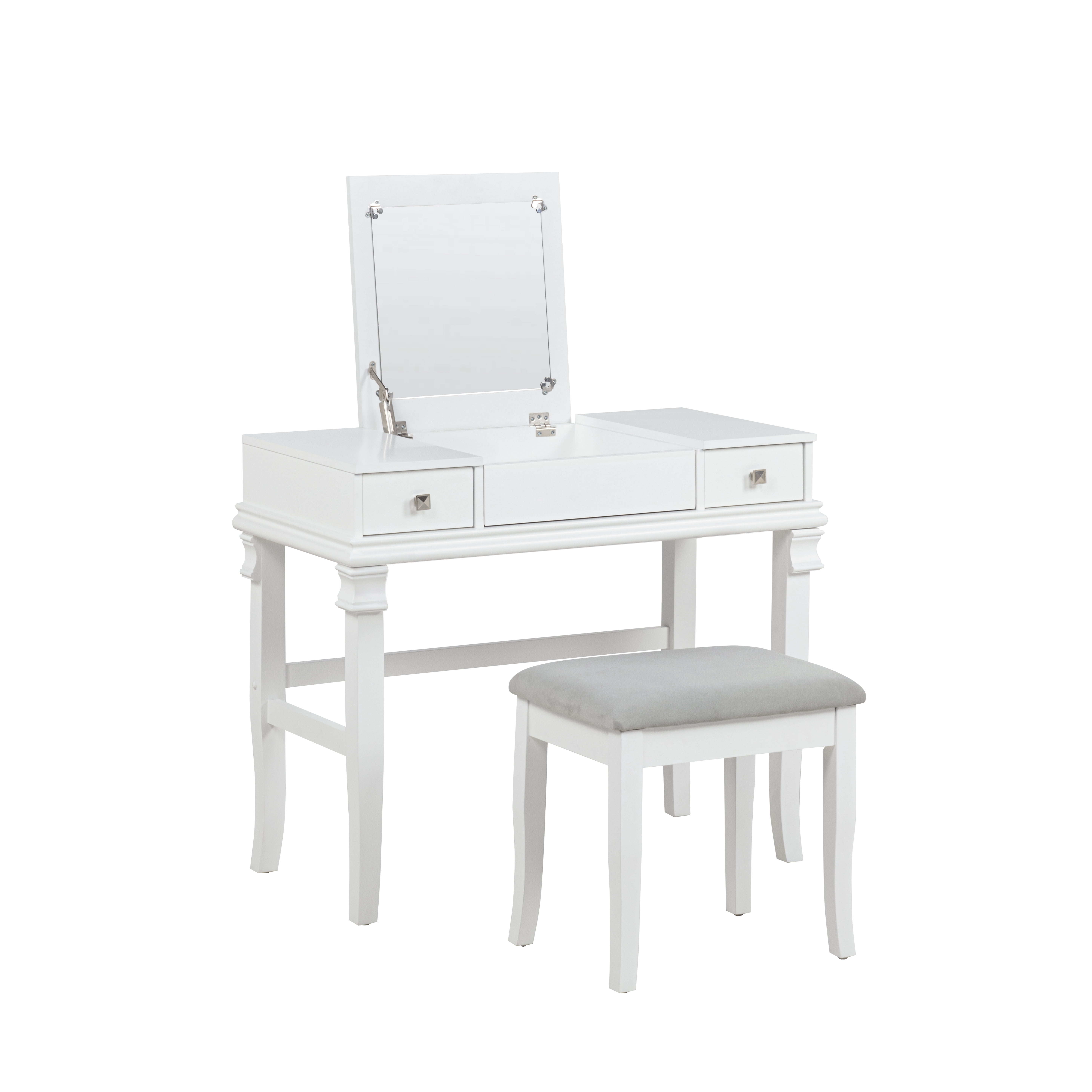 Linon Morton 2-Piece Vanity Set with Flip-Top Mirror and Upholstered Stool, White & Gray