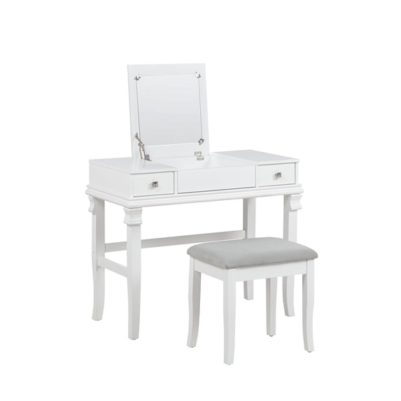 Linon Morton 2-Piece Vanity Set with Flip-Top Mirror and Upholstered Stool, White & Gray