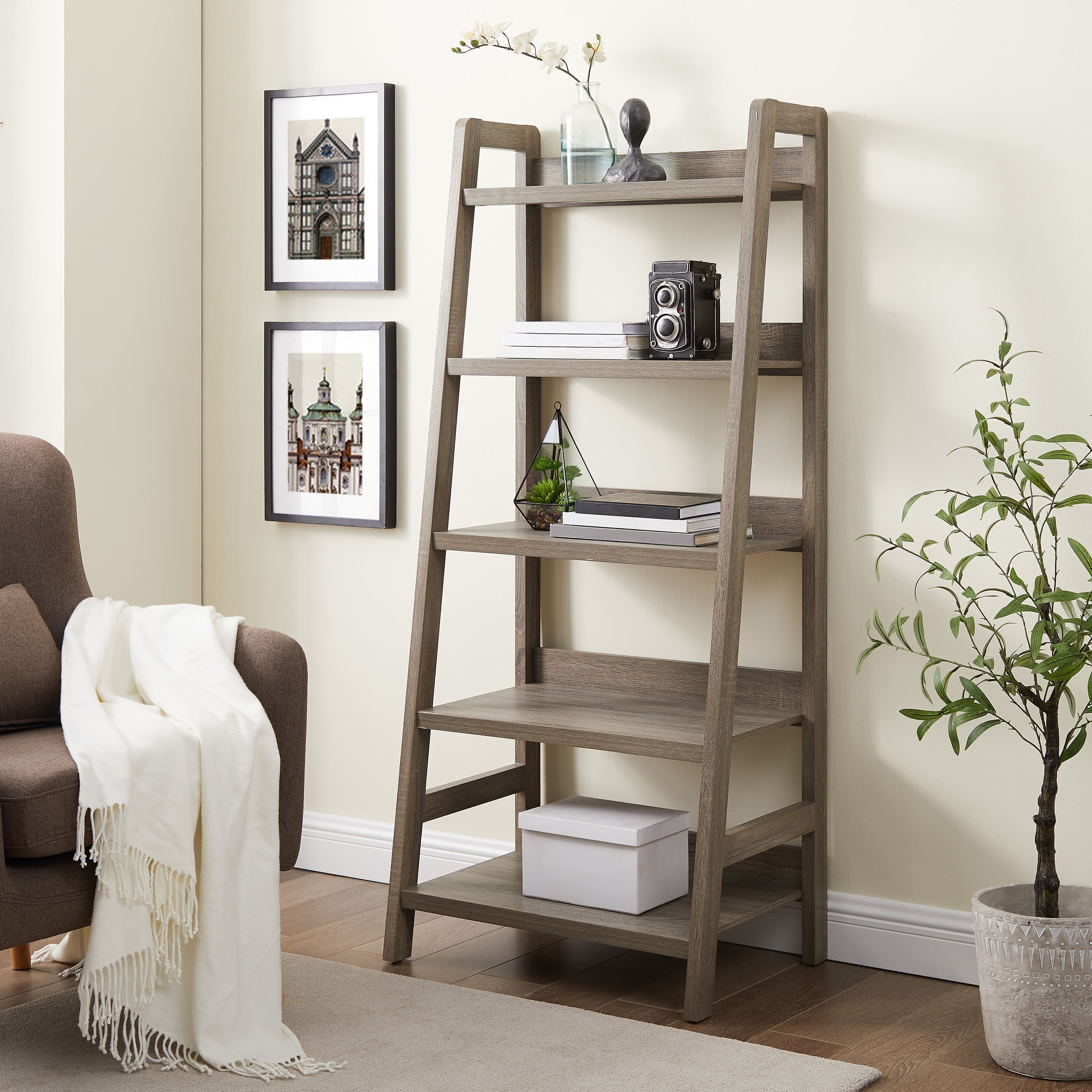 Linon Myrtis 5-Shelf Ladder Bookcase, 60.38 Tall, Gray Finish