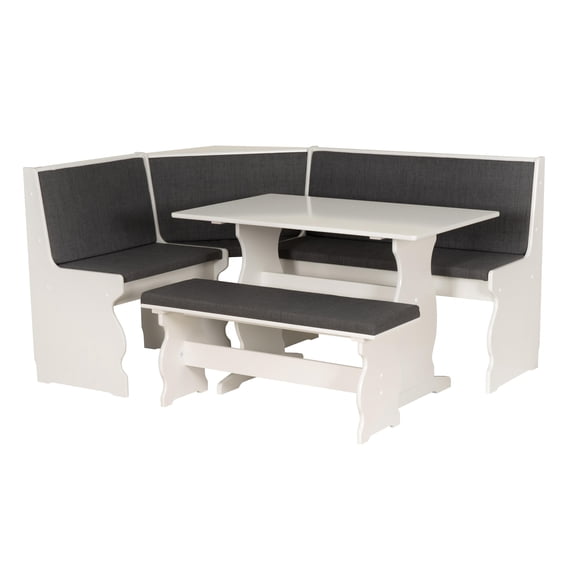 Linon Natasha Corner Nook Dining Set Charcoal Gray Fabric Seats in White Wood