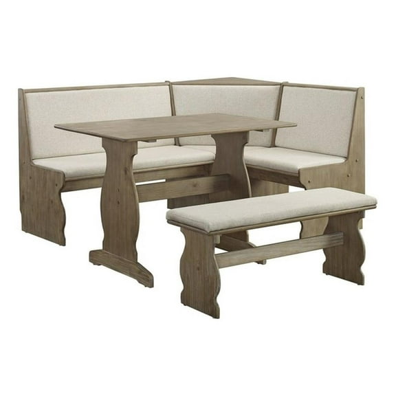 Linon Natasha Corner Nook Dining Set Neutral Upholstered Seats in Natural Wood