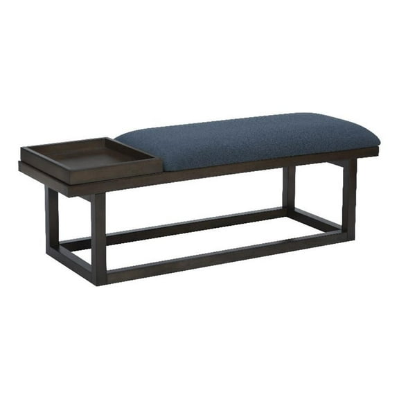 Linon Nate Wood Navy Upholstered Bench with Removable Storage Tray in Dark Brown