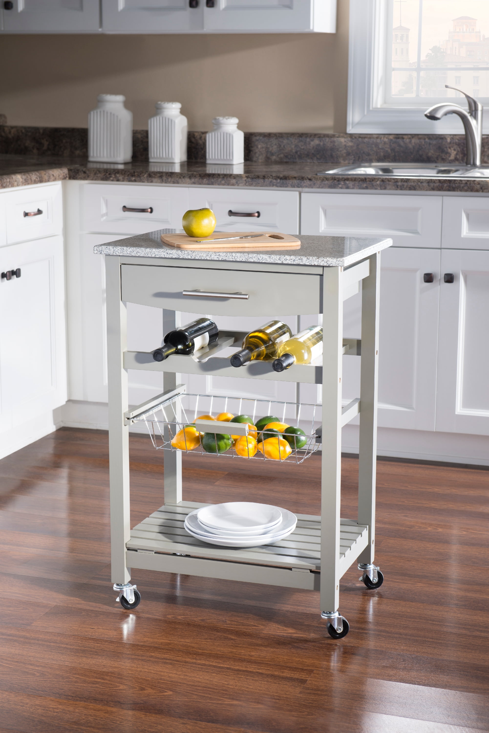 Linon Neyrey Mobile Kitchen Island, Gray Finish with Gray and White Speckled Granite Top