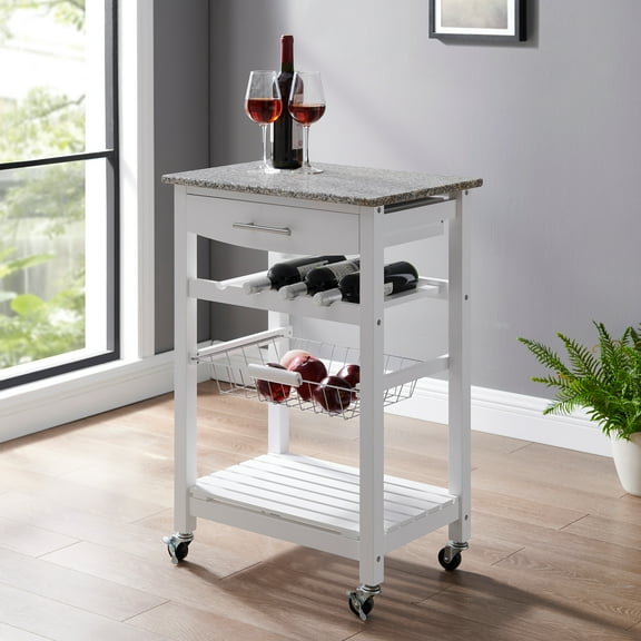 Linon Neyrey Mobile Kitchen Island, White Finish with Gray and White Speckled Granite Top
