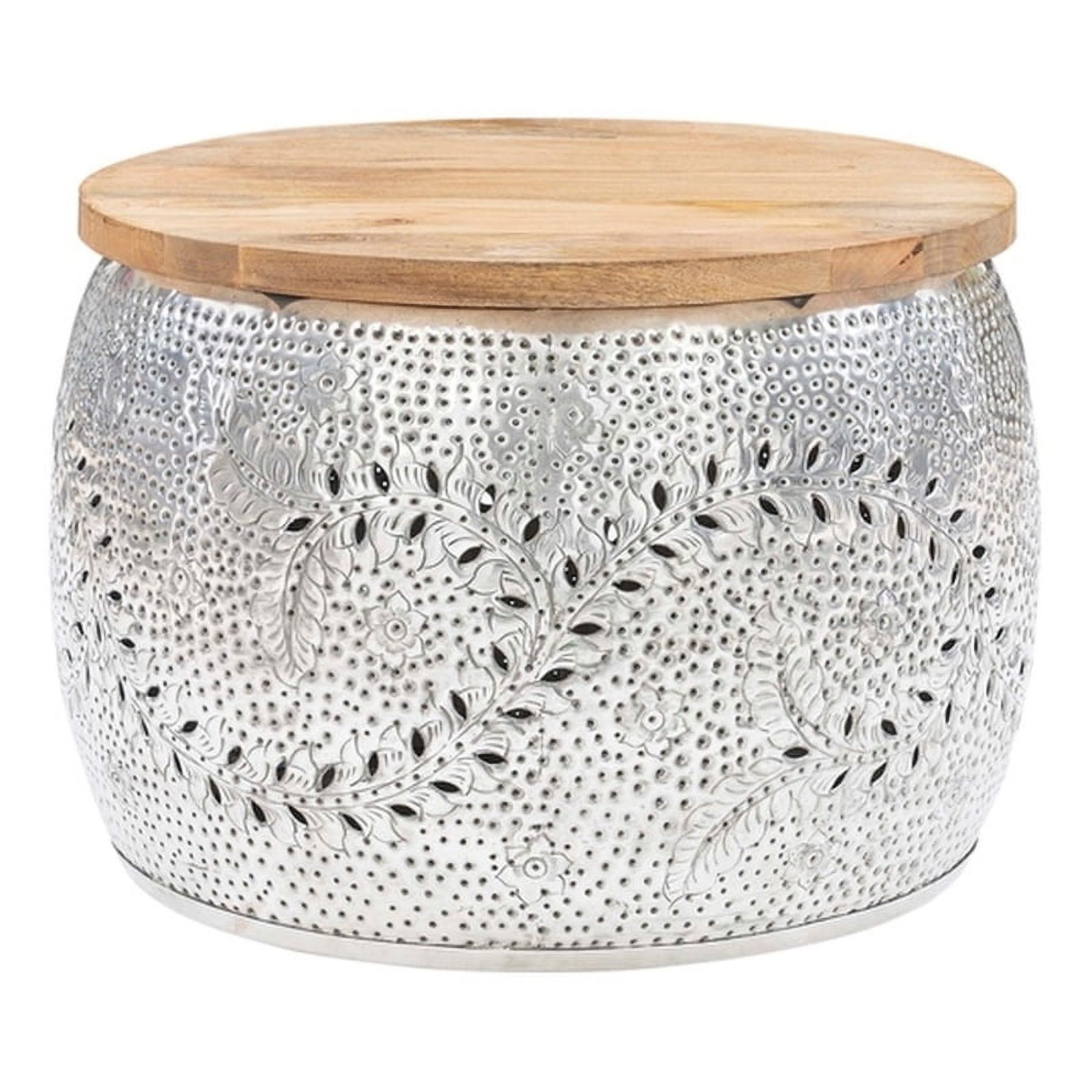 Linon Nora Metal and Wood Large Drum Table in Silver