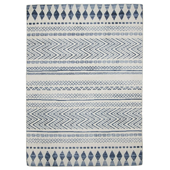 Linon Outdoor Washable Area Rug Collection, Ivory and Blue, 3x5