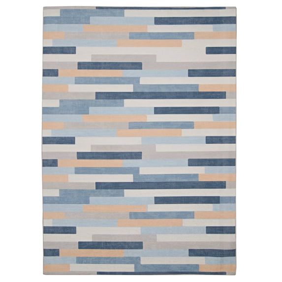 Linon Outdoor Washable Area Rug Collection, Ivory and Blue, 5' x 7'
