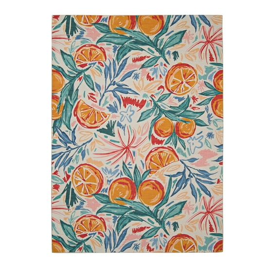 Linon Outdoor Washable Area Rug Collection, Ivory and Orange, 3' x 5'