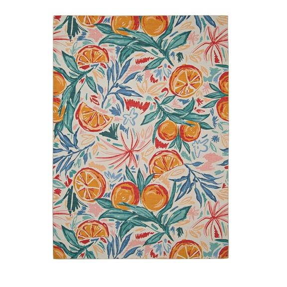 Linon Outdoor Washable Area Rug Collection, Ivory and Orange, 7' x 9'
