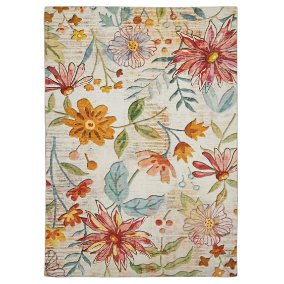 Linon Outdoor Washable Area Rug Collection, Ivory and Pink, 5' x 7'