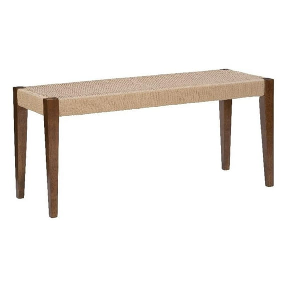 Linon Patty Rubberwood 2 Tone Bench Handwoven Rope Seat 18" High in Brown Stain