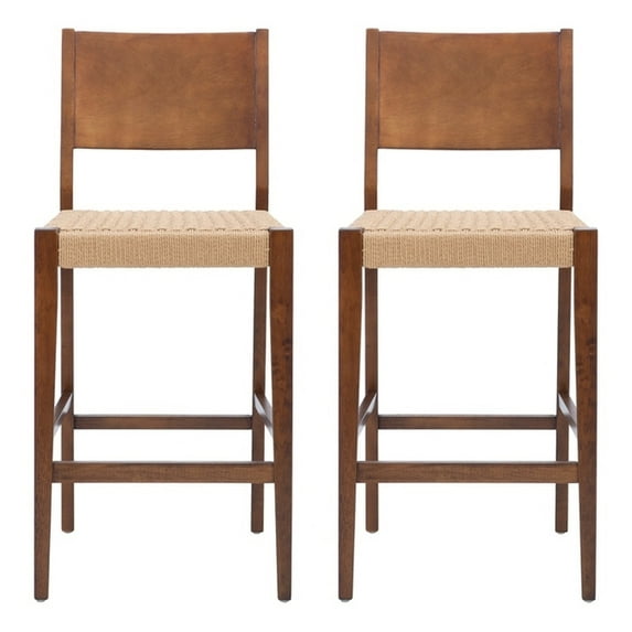 Linon Patty Wood 2 Tone Barstools Handwoven Rope Seat Set of 2 in Brown Stain