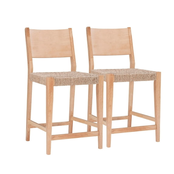 Linon Patty Wood 24" Counter Stools with Woven Seat Set of 2 in Natural Brown