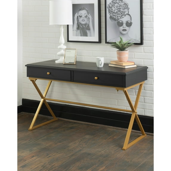 Linon Paynter 2-Drawer X-Frame Desk, 47.25" Wide, Black Finish with Gold Metal Legs