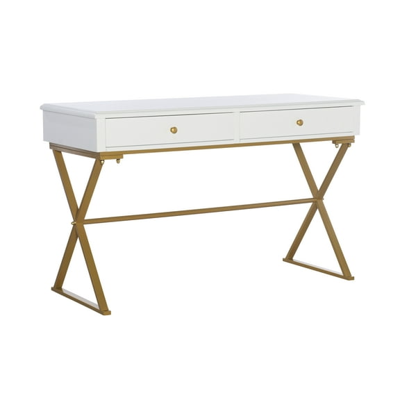 Linon Paynter 2-Drawer X-Frame Desk, 47.25" Wide, White Finish with Gold Metal Legs