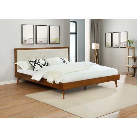 Linon Payson King Platform Bed with Tufted Headboard, Walnut/Oatmeal