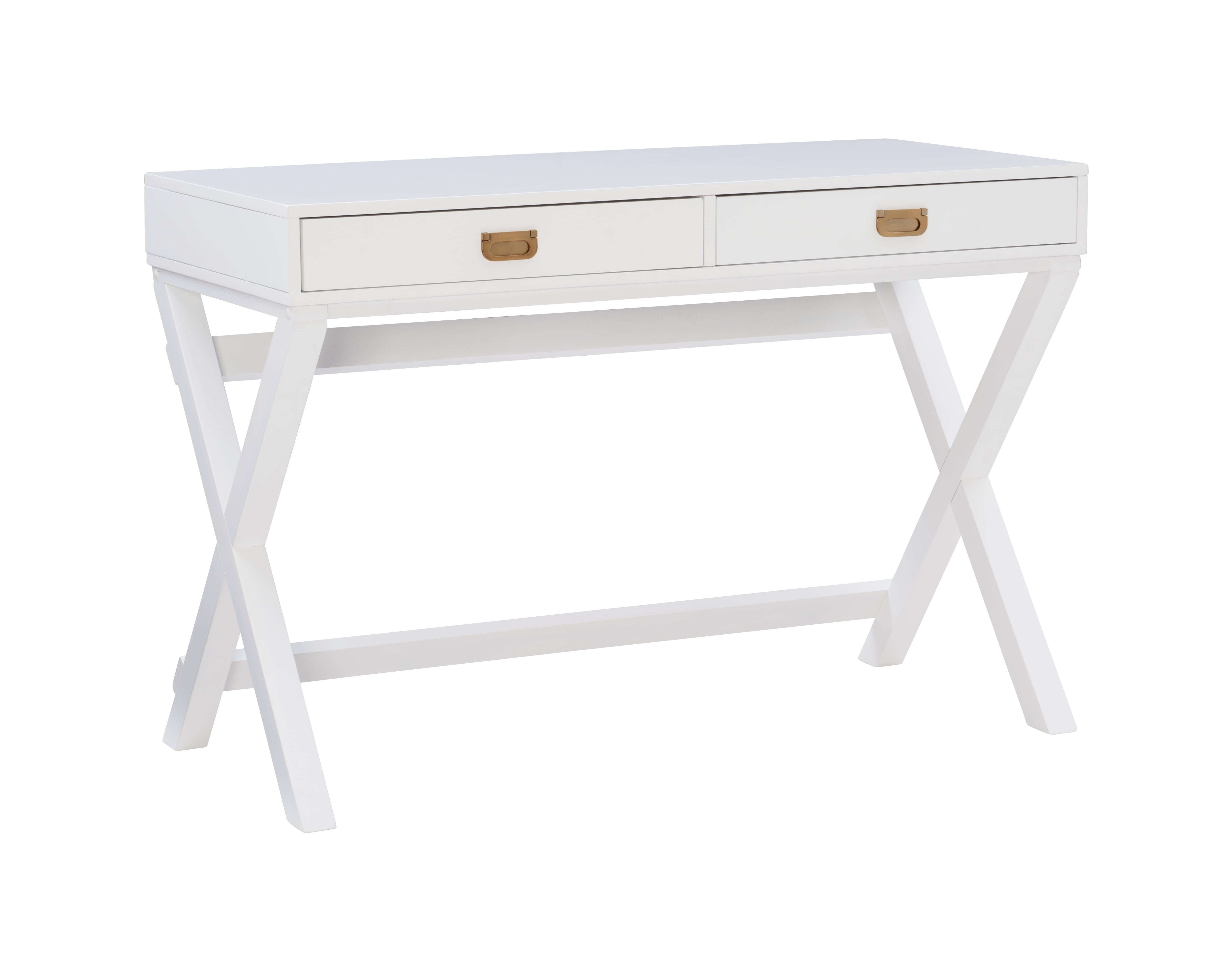 Elegant White Wood Campaign Desk with Rose Gold Accents and Drawers