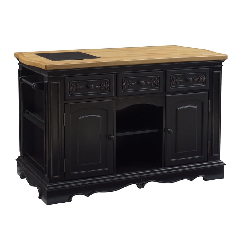 Linon Pennfield Kitchen Island Natural Top Ample Storage in Black